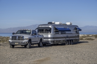 Boondocking at Salton Sea. Installed &quot;skid wheels&quot; on rear of coach.